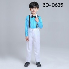 BO0635 ชุดเซ็ทงานแสดงเด็กผู้ชาย เสื้อเชิ๊ตแขนยาวสีฟ้า หูกระต่าย สายเอี๊ยม และกางเกงขายาวสีขาว (4ชิ้น)