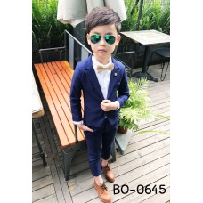 BO0645 ชุดสูทเด็กผู้ชายออกงาน เสื้อคลุมสูทแขนยาว และกางเกงขายาว ลายทางสีกรมท่า (2ชิ้น) 