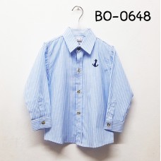 BO0648 เสื้อเชิ๊ตเด็กผู้ชาย คอปกแขนยาว ปักลายสมอเรือที่อกซ้าย สีฟ้าลายทาง S.100