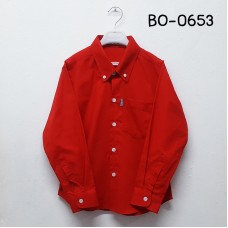 BO0653 เสื้อเชิ๊ตเด็กผู้ชาย แขนยาวคอปกติดกระดุม แต่งกระเป๋า สีแดง 