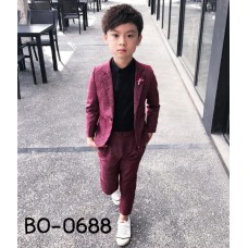 BO0688 ชุดสูทเด็กผู้ชายออกงาน เสื้อคลุมสูทแขนยาว และกางเกงขายาว สีโทนแดง (2ชิ้น)