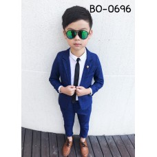 BO0696 ชุดสูทเด็กผู้ชายออกงาน เสื้อคลุมสูทแขนยาว และกางเกงขายาว ลายตารางสีน้ำเงินเข้ม (2ชิ้น) 