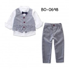 BO0698 ชุดเซ็ทเด็กผู้ชาย เสื้อเชิ๊ตสีขาวติดหูกระต่ายกรมท่า + เสื้อกั๊ก และกางเกงสีเทา (3ชิ้น) 