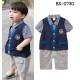 BS0730 ชุดบอดี้สูทเด็กผู้ชาย คอปกลายตารางขาวน้ำเงิน กางเกงสีเทา เสื้อกั๊กสีกรมท่าขอบน้ำเงิน S.80