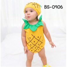 BS0906 ชุดบอดี้สูทเด็ก แฟนซี แขนกุด ขาเว้า คอระบาย พร้อมหมวก ลายสัปปะรด (2ชิ้น) S.70/90