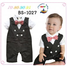 BS1027 ชุดบอดี้สูทเด็กผู้ชาย ออกงาน ติดหูกระต่ายลายสก๊อตสีแดง ชุดสีดำ S.80