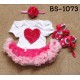 BS1073 ชุดบอดี้สูทแฟนซี เด็กผู้หญิงครบเซ็ท หัวใจแขนสั้น + ผ้าคาดผมติดดอกไม้ + รองเท้าลายจุดสีชมพู (3ชิ้น) M/L