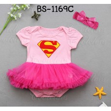 BS1169C ชุดบอดี้สูทแฟนซี เด็กผู้หญิง ลายซุปเปอร์เกิร์ล กระโปรงฟูฟ่องสีชมพู พร้อมผ้าคาดผม (2ชิ้น) 