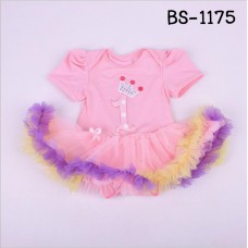 BS1175 ชุดบอดี้สูทแฟนซี เด็กผู้หญิงแขนสั้นสีชมพู ลายเลข 1 กระโปรงฟูฟ่องสีรุ้ง S/M
