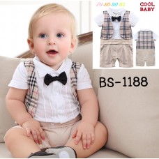 BS1188 ชุดบอดี้สูทเด็กผู้ชายออกงานแขนสั้น ติดหูกระต่ายสีดำ เสื้อกั๊กลายสก๊อตสีกากี S.95