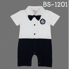 BS1201 ชุดบอดี้สูทเด็กผู้ชายออกงานสีขาว หูกระต่ายสีดำ (ถอดออกได้) กางเกงสีดำ S.90