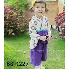 BS1227 ชุดบอดี้สูทกิโมโนเด็กผู้หญิง ตัวเสื้อลายดอก คาดเอวสีฟ้า กางเกงสีม่วง S.80