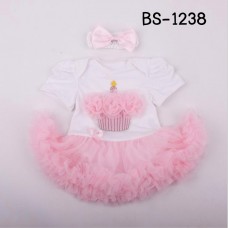 BS1238 ชุดบอดี้สูทแฟนซี เด็กผู้หญิงแขนสั้น ลายคัพเค้ก กระโปรงฟูฟ่องสีชมพู  พร้อมผ้าคาดผม (2ชิ้น) S/L