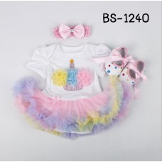 BS1240 ชุดบอดี้สูทแฟนซี เด็กผู้หญิงครบเซ็ท ลายคัพเค้กหลากสี + ผ้าคาดผม + รองเท้า (3ชิ้น) Size L