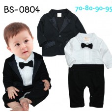 BS0804 ชุดบอดี้สูทออกงาน เด็กผู้ชาย คอปก แขนยาว ติดหูกระต่ายสีดำ เสื้อคลุมแขนยาวสีดำ (2ชิ้น) S.70