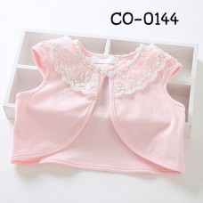 CO0144 เสื้อคลุมเด็กผู้หญิงแขนเว้า แต่งผ้าลูกไม้ระบายรอบคอ สีชมพู 