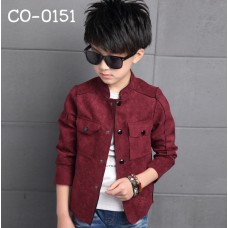 CO0151 เสื้อแจ็คเก็ตเด็กผู้ชาย เด็กโต แขนยาวหนังกลับ สีแดงเลือดหมู