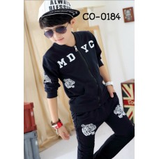 CO0184 ชุดวอร์มเด็กผู้ชาย เด็กโต เสื้อคลุมกันหนาวแขนยาวซิปหน้า ลายเสือ+ กางเกงวอร์ม สีดำ (2ชิ้น) S.150