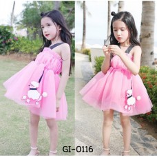 GI0116 เดรสเด็กผู้หญิง สายเดี่ยว จั๊มอก ติดโบว์จูงพุดเดิ้ล ผ้าชีฟอง สีชมพู (2ชิ้น) S.100/110