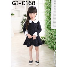 GI0168 เดรสเด็กผู้หญิงแขนยาว คอบัว และขอบปลายแขนสีขาว ตัวเดรสสีกรมท่า 