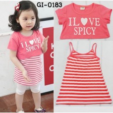 GI0183 เดรสเด็กผู้หญิง สายเดี่ยวลายขวาง + เสื้อแขนสั้นเอวลอยสกรีน I Love Spicy  สีชมพู (2ชิ้น) S.90