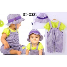 GI0321 ชุดเด็กผู้หญิง เสื้อคอกลมสีเหลือง + เอี๊ยมลายทางสีม่วง (2 ชิ้น) S.90/100