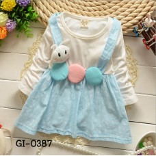 GI0387 เดรสสั้นเด็กผู้หญิง คอกลม แขนยาว เอี๊ยมตัวหนอน หูกระดิก สีฟ้า