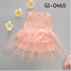 GI0465 เดรสสั้นเด็กผู้หญิง ออกงาน แขนกุด ช่วงบนแต่งผ้าลูกไม้ ติดโบว์ กระโปรงผ้าชีฟอง สีพีช (2ชิ้น)