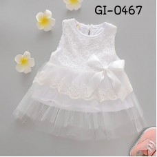 GI0467 เดรสสั้นเด็กผู้หญิง ออกงาน แขนกุด ช่วงบนแต่งผ้าลูกไม้ ติดโบว์ กระโปรงผ้าชีฟอง สีขาว 