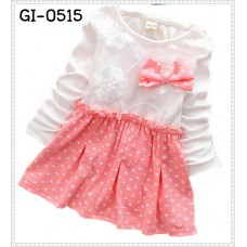 GI0515 เดรสเด็กผู้หญิง คอกลม แขนยาว สีขาว ติดโบว์ ลายจุดสีชมพู S.120/130