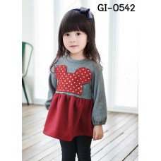 GI0542 เดรสสั้นเด็กผู้หญิง คอกลม ติดหน้ามินนี่เมาส์ ลายจุดสีแดงอมส้ม แขนยาว จั๊มปลายแขน สีเทา S.110