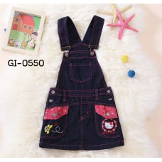 GI0550 เอี๊ยมยีนส์เด็กผู้หญิง ปักหน้าคิตตี้ แต่งขอบดาวสีชมพู สียีนส์เข้ม S.90/110