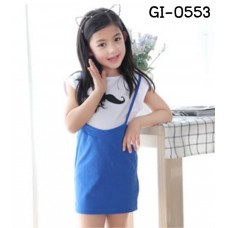 GI0553 เดรสเด็กผู้หญิง สกรีนลายหนวด ทรงเอี๊ยมเย็บติด สีน้ำเงิน