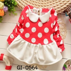 GI0564 เดรสสั้นเด็กผู้หญิง คอบัว แขนยาว จั๊มปลายแขน ลายจุดใหญ่ สีแดง S.80