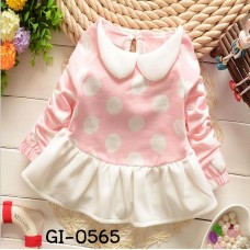 GI0565 เดรสสั้นเด็กผู้หญิง คอบัว แขนยาว จั๊มปลายแขน ลายจุดใหญ่ สีชมพู S.80/90