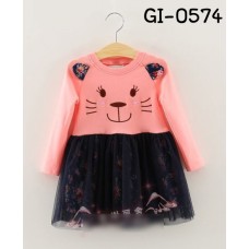 GI0574 เดรสเด็กผู้หญิง คอกลมแขนยาว ปักหน้าแมวเหมียว หูกระดิก สีชมพู S.100/120