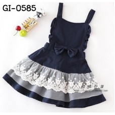 GI0585 เอี๊ยมเด็กผู้หญิง สายเดี่ยว ติดโบว์ แต่งลูกไม้ที่ปลายกระโปรง สีกรมท่า S.100/110