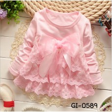 GI0589 เดรสสั้นกึ่งเสื้อเด็กผู้หญิง ออกงาน คอกลมแต่งลูกไม้หลายชั้น ผูกโบว์ใหญ่ที่อก สีชมพู S.70