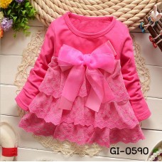 GI0590 เดรสสั้นกึ่งเสื้อเด็กผู้หญิง ออกงาน คอกลมแต่งลูกไม้หลายชั้น ผูกโบว์ใหญ่ที่อก สีชมพูบานเย็น S.70