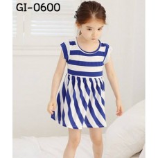 GI0600 เดรสเด็กผู้หญิง คอกลม แขนสั้น ลายขวาง สีขาวสลับน้ำเงิน S.100