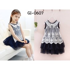 GI0607 เดรสเด็กผู้หญิง ออกงาน แขนกุด ผ้าลูกไม้สีขาว กระโปรงฟูฟ่อง สีกรมท่า (ไม่รวมเล็คกิ้ง) S.110