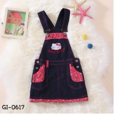 GI0617 เอี๊ยมยีนส์เด็กผู้หญิง ปักหน้าคิตตี้ที่อก แต่งขอบดาวสีชมพู สียีนส์เข้ม S.90/110