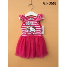 GI0618 เดรสเด็กผู้หญิง แขนกุดบ่าระบาย ลายขวาง Cute คิตตี้ถือโบว์ลูกโป่ง กระโปรงผ้าชีฟองสีชมพูเข้ม s.90