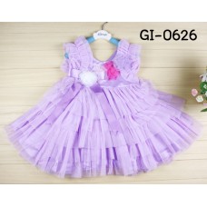 GI0626 เดรสเด็กผู้หญิง ออกงาน แขนกุดผ้าชีฟอง แต่งดอกไม้ที่อกติดโบว์ ระบายเป็นชั้นๆ สีม่วง S.120/140