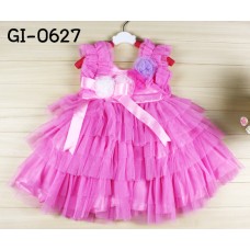 GI0627 เดรสเด็กผู้หญิง ออกงาน แขนกุดผ้าชีฟอง แต่งดอกไม้ที่อกติดโบว์ ระบายเป็นชั้นๆ สีชมพูอ่อน S.110