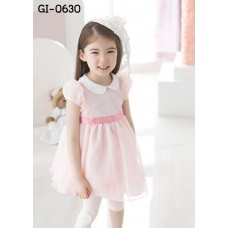 GI0630 เดรสเด็กผู้หญิง แขนสั้น คอบัวสีขาว แต่งดอกไม้ สีชมพู S.120