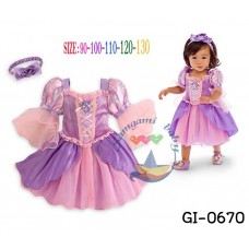 GI0670 เดรสเด็กผู้หญิง แฟนซี แนวเจ้าหญิง จี้ลาย Frozen ล้อมเพชร แขนสั้นไหล่พอง สีม่วงชมพู พร้อมผ้าคาดผม (2ชิ้น) S.120/130