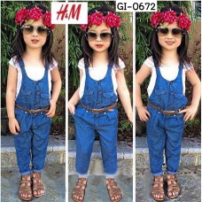 GI0672 ชุดเด็กผู้หญิง แนว H&M เสื้อสายเดี่ยวสีขาว + เอี๊ยมยีนส์เข้มขายาว (2ชิ้น) ไม่รวมเข็มขัด S.90