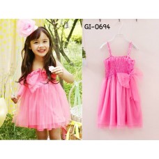 GI0694 เดรสเด็กผู้หญิง สายเดี่ยว สม๊อคอก แต่งโบว์ กระโปรงฟูฟ่อง สีชมพู S.100/110