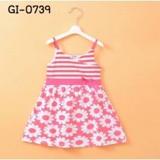 GI0739 เดรสเด็กผู้หญิง สายเดี่ยว ช่วงบนลายขวาง ช่วงล่างลายดอก สีชมพู S.80/90